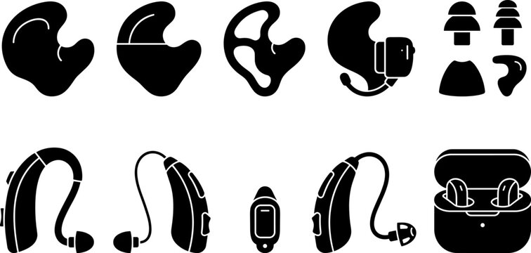 Hearing aid and earmold icons set, vector silhouettes medical equipment for hearing loss, different types of amplifiers and custom earpieces