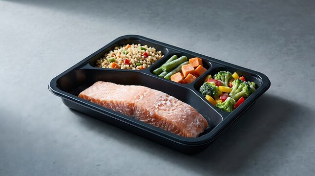 Healthy grilled salmon meal prep container with steamed vegetables and brown rice on a grey surface. frozen dinner ideas