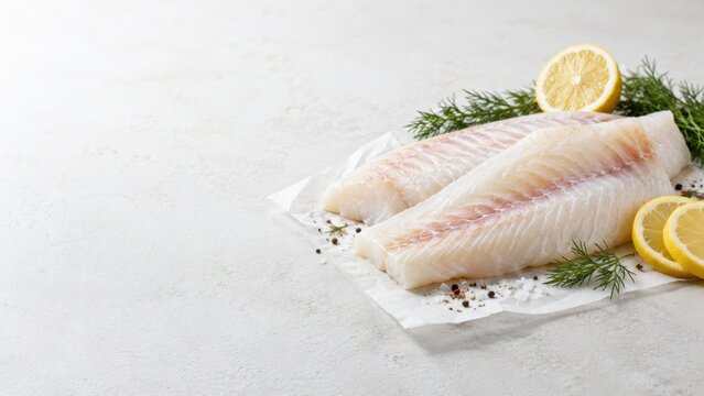 Fresh white fish fillets with lemon and dill on white surface, healthy seafood concept for food advertising with copy space