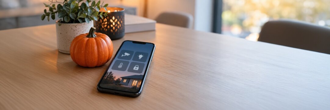 Smartphone with home control app beside autumn pumpkin, smart home automation concept for technology advertising