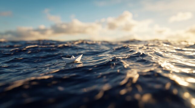 Paper boat floating on open sea waves showcasing golden light reflections, deep ocean water and distant horizon, symbolizing business leadership and courageous journey