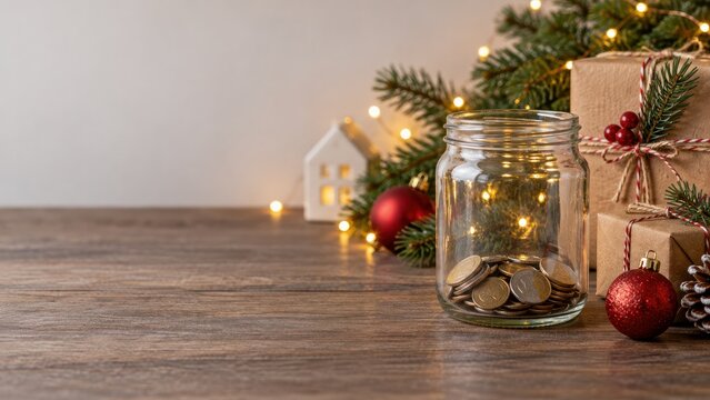Jar of coins beside Christmas gifts and tree, holiday savings concept for financial advertising with copy space
