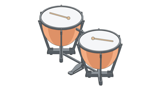 Pair of professional timpani kettledrums with wooden mallets resting on the white drumheads for an orchestral music performance.