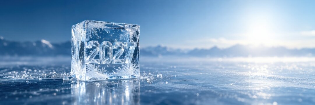 Transparent ice cube with 2027 numbers on frozen landscape, New Year concept for winter advertising with copy space