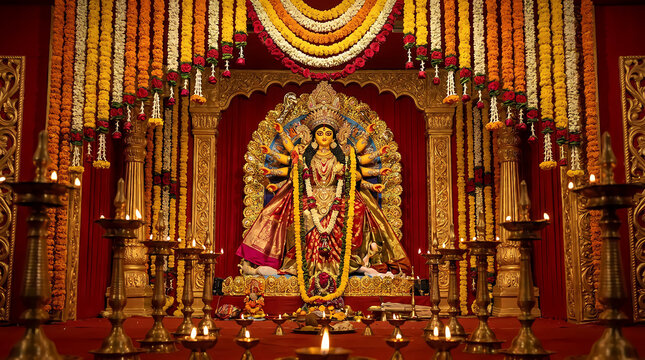 Goddess durga idol decorated in a temple for the traditional durga puja festival