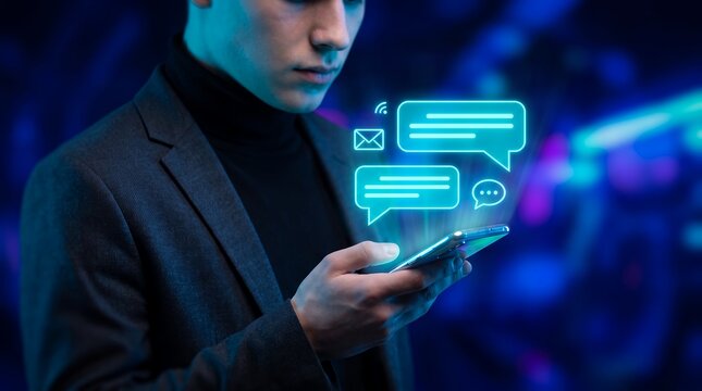 Businessman holding a smartphone showcasing glowing chat icons, digital message bubbles and holographic email symbols, representing modern business communication and instant networking
