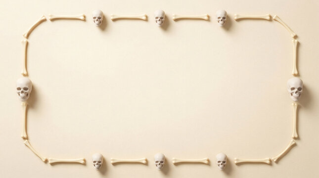Skeleton bones and skulls arranged in a rectangular frame on beige background