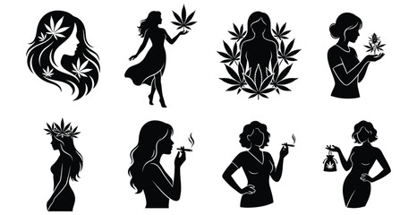 Fototapeta premium Cannabis Women Silhouette Vector Set, Marijuana Girls Smoking Joints and Holding Cannabis Leaves, Buds and Weed Bags in Black Isolated Silhouette Illustration