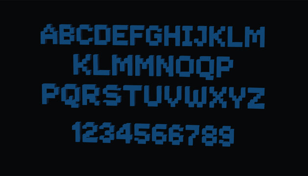 Complete set of blue three dimensional pixel art alphabet letters and numbers displayed on a black background.
