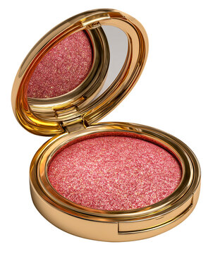 Luxurious gold compact case containing shimmering pink blush with mirror, perfect for adding touch of glamour to any makeup routine., isolated