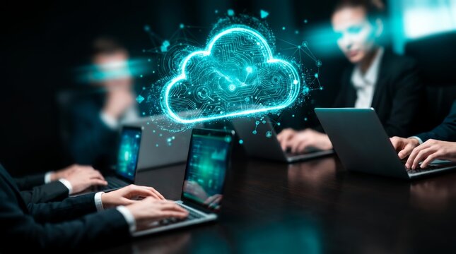Glowing digital cloud icon showcasing data storage networks, digital connectivity and online server infrastructure, representing cybersecurity solutions and modern enterprise efficiency