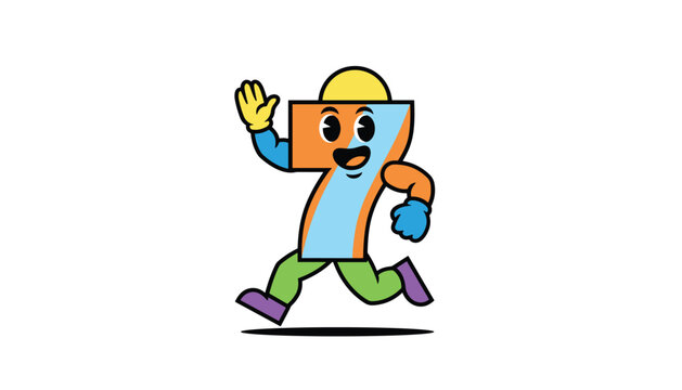 Retro cartoon character shaped like the number seven running happily with a yellow hat and blue sneakers on a white background.
