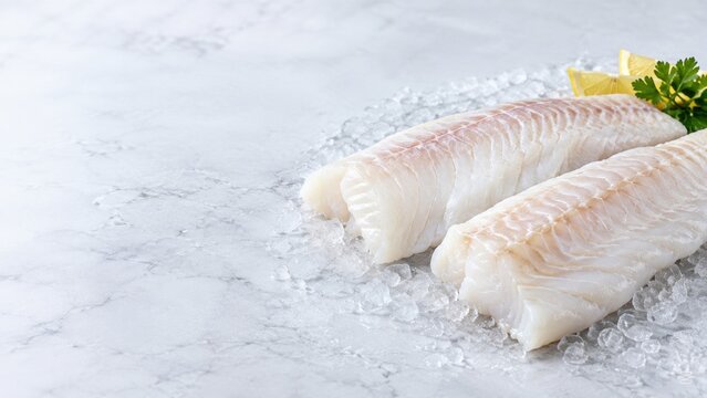 Raw white fish fillets on crushed ice, fresh seafood concept for retail and food industry advertising with copy space