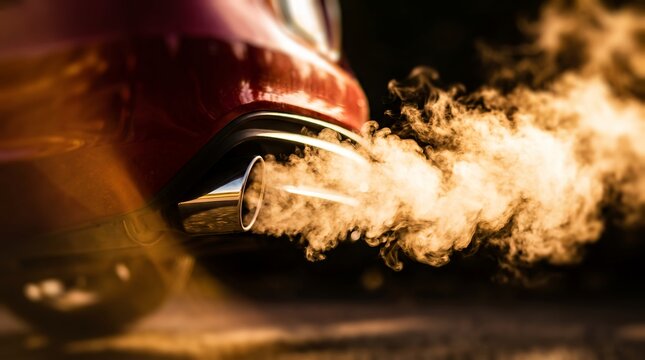 Vehicle exhaust pipe closeup showing dense smoke emissions, toxic carbon fumes and chrome tailpipe detail, representing environmental air pollution and climate change impact