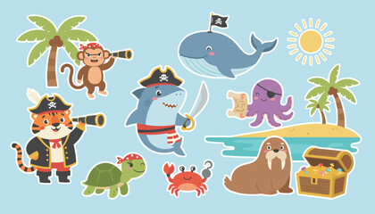 Obraz premium Collection of cute pirate animal stickers featuring a shark, monkey, tiger, octopus, whale, and a treasure chest on an island.
