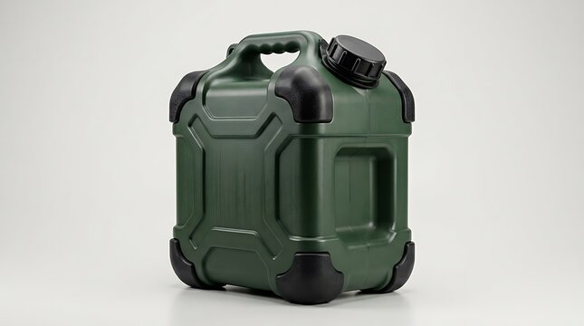 Dark green plastic jerry can for fuel or water storage with a sturdy black handle. heavy-duty jug designs 