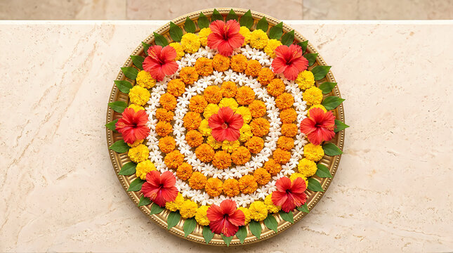 Colorful flower rangoli design made with fresh marigold and hibiscus petals