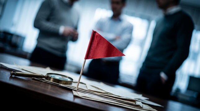 Strategic business planning setup showcasing red flag marker, magnifying glass analysis and blurred team meeting, representing target achievement and corporate strategy