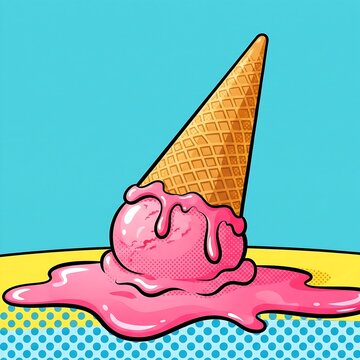 A vibrant pop art poster of an inverted ice cream cone, melting onto a table. 