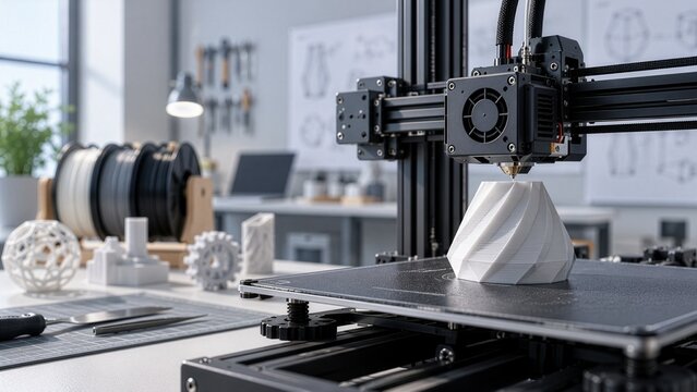 Desktop 3D printer creating geometric prototype in modern workshop