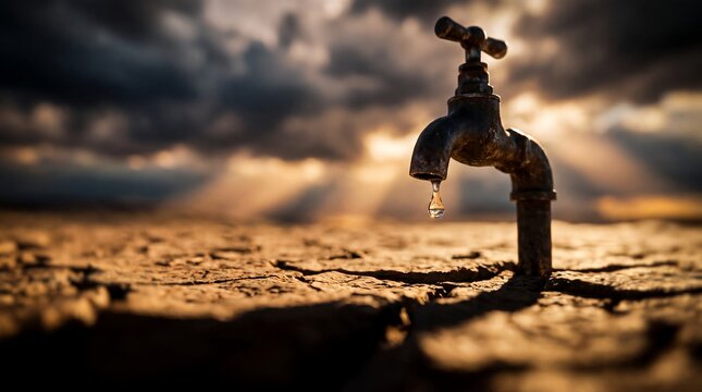 Rusty outdoor faucet on parched soil showcasing single falling water drop, cracked dry ground and dramatic overcast sky, representing global water crisis and climate change impact