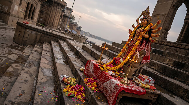 Golden hindu goddess durga statue on stone steps of the river ganges in india