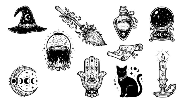 Mystical Witchcraft Halloween Sticker Set, Magic Hat Broom and Occult Tattoo Vector
