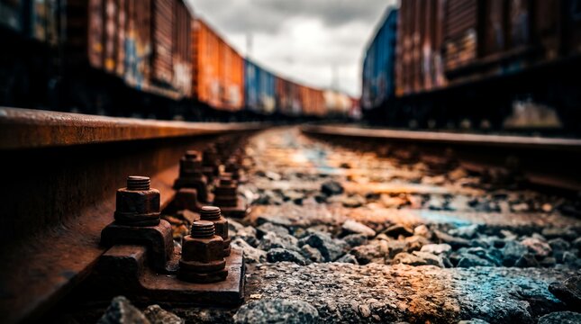 Cargo train tracks and railway line showcasing heavy steel rails, rusty track bolts and freight train cars, representing industrial logistics and freight transportation network
