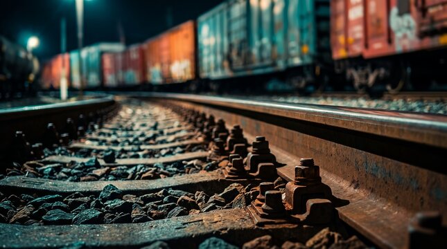 Night railroad tracks and freight cargo trains showcasing steel rails, heavy railway bolts and illuminated train cars, representing industrial logistics and global freight transport