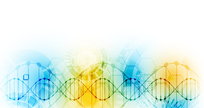 Abstract biotechnology background with DNA double helix molecule and hexagonal patterns on a white background.