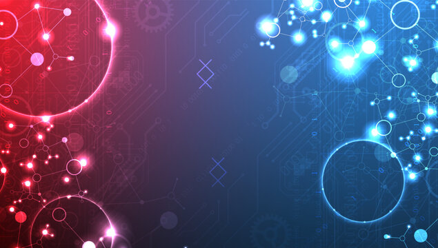 Abstract futuristic technology background with glowing molecular network, binary code and lens flare effect