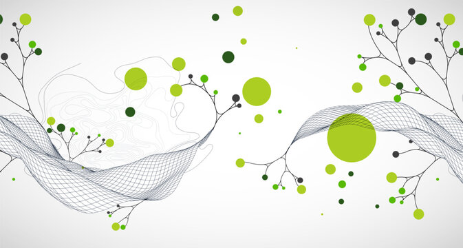 Abstract eco background with wave grid, green circles, and branching lines. Vector