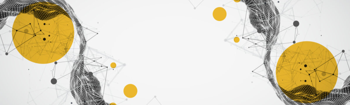 Abstract vector illustration of dark wireframe mesh ribbon with yellow circles and plexus network