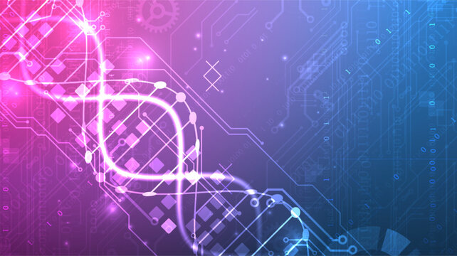 Abstract futuristic technology background with glowing digital DNA helix and binary code