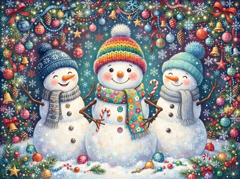 Three cheerful snowmen wearing colorful winter hats and scarves against a festive christmas background