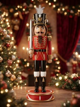 Traditional wooden nutcracker soldier standing with a festive christmas tree background