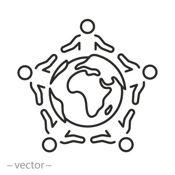 multicultural icon, people with globe, hand holding, global teamwork, multiculturalism around the world, line vector illustration