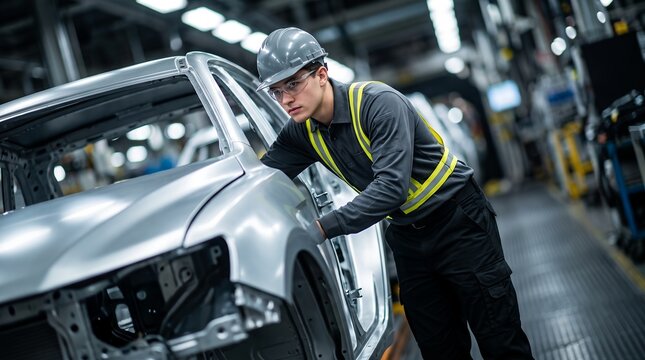 Automotive technician at car factory showcasing protective hardhat gear, chassis quality inspection and assembly line workflow, representing manufacturing excellence and industrial precision