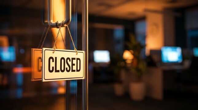 Closed sign on a glass office door showing dark modern interior, hanging sign plaque and warm lighting, representing after-hours operations and business shutdown