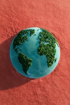 Overhead earth globe with leafy forest continents on blue ocean sphere over red textured background for environmental poster and background design promoting conservation