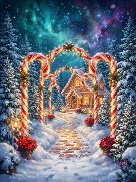 Whimsical gingerbread house with candy cane archway in a snowy winter wonderland landscape