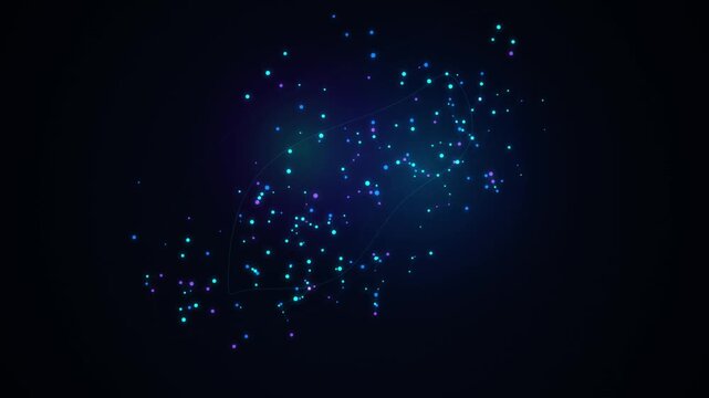 Glowing neon cyan and purple particle swarm orbiting in space loop