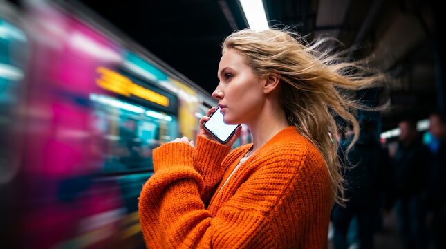 Young woman in orange sweater on subway platform showing smartphone call, motion blurred passing train and windy blonde hair, representing urban commute and modern connectivity