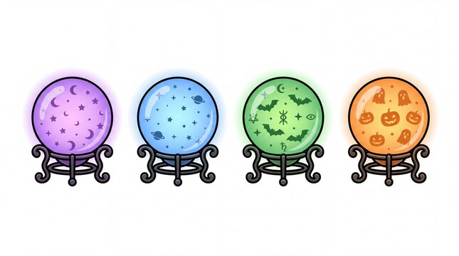 Crystal ball and magic orb set containing icons for purple moon blue planet green bat and orange pumpkin on stands for fantasy design and Halloween decoration projects