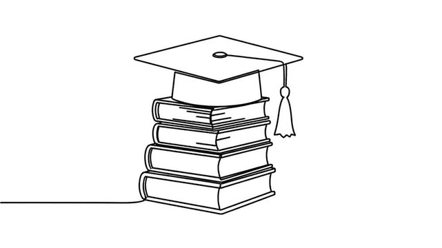 Minimalist continuous line drawing of stacked books.