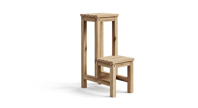 A tall wooden step stool with two levels standing isolated against a plain white background