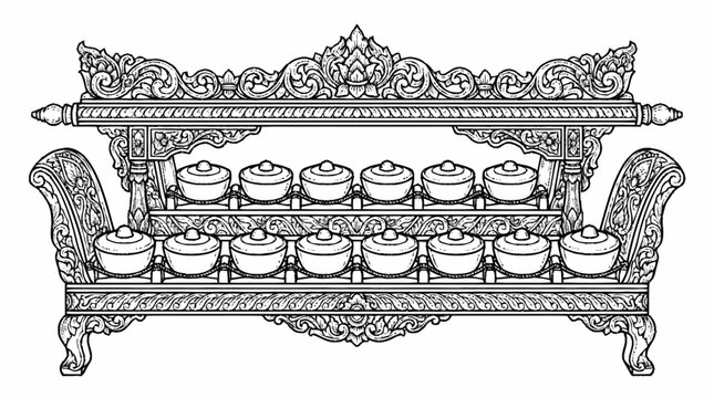 Gamelan bonang percussion instrument displays rows of tuned bronze gongs resting on a carved wooden stand.