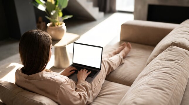 Woman sitting on comfortable couch with laptop showcasing blank screen, cozy interior and casual loungewear, representing remote work flexibility and digital lifestyle freedom