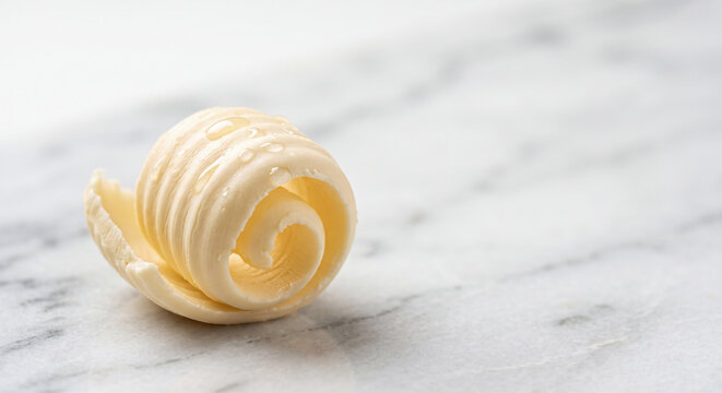 Butter curl on a marble slab with condensation droplets, bright clinical light, premium dairy product photography background with negative space