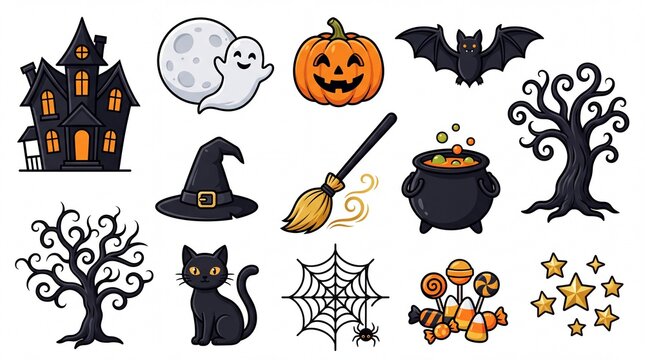 Halloween vector illustration and icon set. Featuring Haunted House Ghost Pumpkin Bat Witch Hat Broomstick Cauldron Spooky Tree Black Cat Spiderweb Candy and Stars for autumn projects